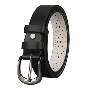 Women black hollow belt fashion casual PU leather waist belt for jeans stylish accessory.