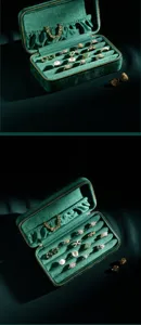 Detailed close up of green velvet jewelry box with soft ring slots for safe travel storage.