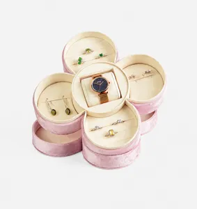 Boîte de rangement à bijoux rotative en velours rose feuille de trèfle pour bagues