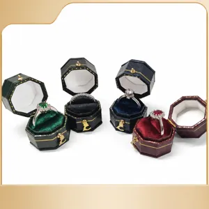Portagioie in Pelle PU Vintage Ottagono Quadrato Esagono Scatola Porta Gioielli Supporto per Esposizione di Anelli Regalo