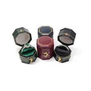 Scatola per anelli ottagonale vintage in velluto e pelle set espositore per gioielli.