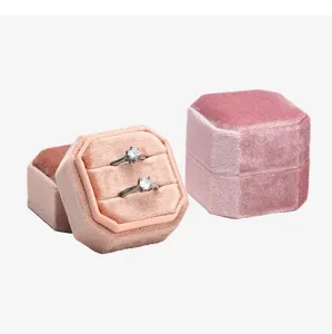 Pink velvet double ring box for proposal, engagement, and wedding ring storage display.