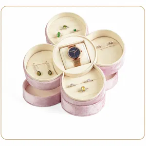 Boîte à Bijoux en Velours Rosa Trèfle à Quatre Feuilles Organisateur Rotatif Pour Femmes Bague Collier Boucle d'Oreille Montre
