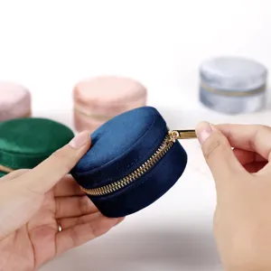 Tragbare Samt Runde Schmuckschatulle Reise Mini Ring Ohrring Aufbewahrungetui Reißverschluss Organizer Halter für Frauen Mädchen