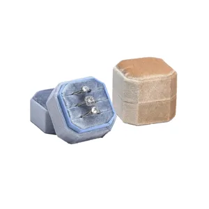 Hexagonal velvet ring box, elegant double ring gift box for proposal and engagement showcase.