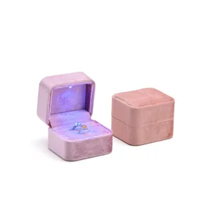 Pink velvet LED ring box set with spotlight, square jewelry storage and gift packaging box.