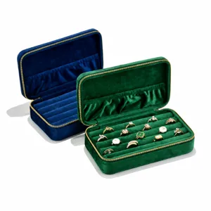 Portable velvet ring jewelry box travel storage organizer case main view with double colors.