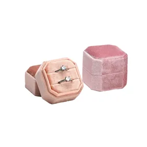 Pink velvet ring box for proposal and engagement, hexagonal double ring holder gift package.