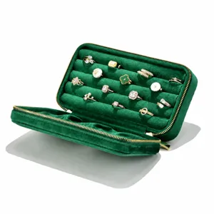 Green velvet jewelry box portable zipper ring organizer travel storage case display