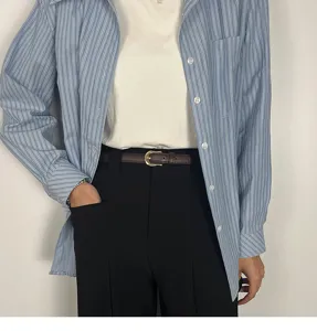 Women vintage casual leather belt with metal buckle, stylish waistband for jeans.