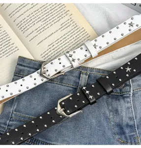 Detail shot of Y2K punk style women leather belt featuring double-row metal star rivets and grommets.