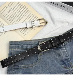 Y2K punk style women belt with double row star rivets, cool leather waist accessory detail.