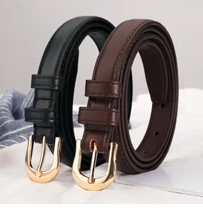Women's minimalist retro casual leather belt with golden pin buckle, stylish jeans decorative accessory.