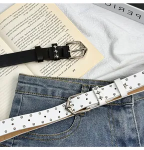 Y2K punk style women's black and white leather belt featuring star studs and double grommets detail.