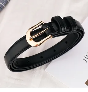 Minimalist vintage women's black belt with elegant gold metal buckle for stylish daily wear.