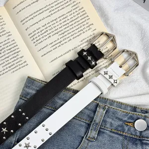 Y2K Punk Style Women PU Leather Belt Double Prong Buckle Star Metal Rivets Casual Waist Belt Fashion Jeans Accessory