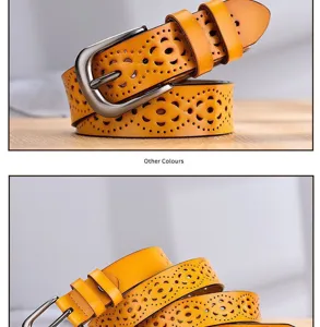 Modischer gelber Damen Ledergürtel mit Blumenmuster und Metallschließe für Jeans und Kleider.