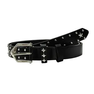 Y2K punk style black leather belt for women with cool star metal studs and silver buckle.