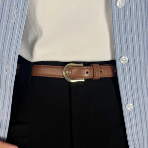 Women minimalist retro brown leather belt with gold buckle casual stylish jeans waist strap