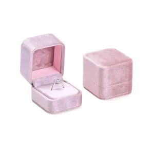 Pink velvet ring box, rounded square engagement ring presentation gift box for jewelry packaging