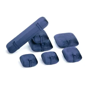 Blue velvet jewelry display pads set, ring, pendant, bracelet presentation tray props.