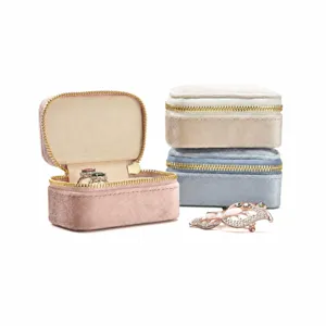Portable velvet jewelry box organizer for rings and earrings set storage display main photo.