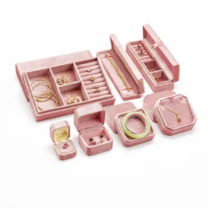 Pink velvet jewelry box set large ring bracelet necklace display organizer storage case