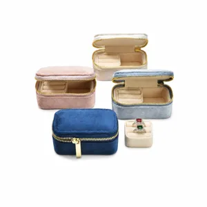 Portable velvet jewelry box with zipper, multi-color travel storage organizer for rings.