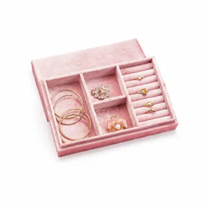 Pink velvet jewelry box with multi compartments for rings bracelets necklaces gifts display box