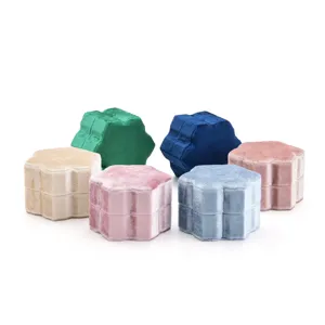 Multi-color velvet hexagon ring boxes set for proposal, engagement, and jewelry storage.