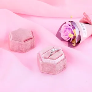 Vintage Velvet Hexagon Ring Box Double Triple Ring Storage Case Proposal Wedding Jewelry Display Gift Box