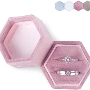 Vintage hexagonal velvet ring box with double slots and lid for wedding proposal jewelry.