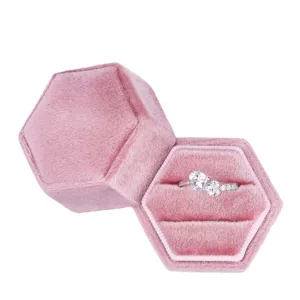 Vintage hexagonal velvet ring box with lid, soft pink jewelry storage display case for proposal.