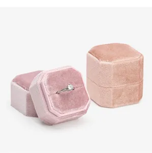 Pink velvet octagonal ring box for fine jewelry display, portable mini velvet ring case.