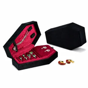 Black gothic velvet coffin jewelry box with red interior, ring and necklace storage display.