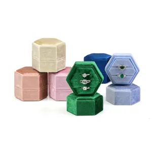 Boîte à Bagues en Velours Hexagonale Proposition Fiançailles Double Étui de Rangement pour Bagues Organisateur de Bijoux