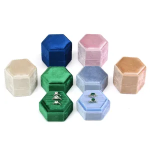 Boîte à bague en velours hexagonal pour fiançailles et proposition, grand étui de bijoux.