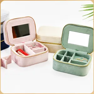 Portable Velvet Jewelry Box Travel Organizer Storage Case With Mirror Multi Compartment Small Ring Earring Holder For Women