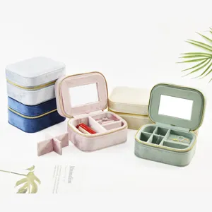 Portable velvet jewelry box organizer with mirror for rings and earrings travel storage case