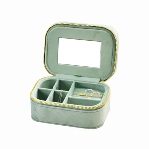 Portable Velvet Travel Jewelry Box with Mirror and Ring Storage Organizer Case Green