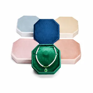 Luxury velvet octagonal jewelry box set, elegant necklace storage display case for gifts.