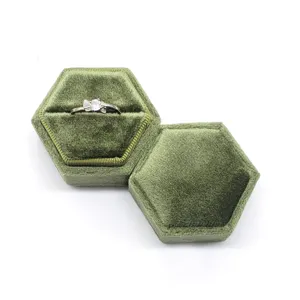 Scatola per anelli in velluto esagonale verde vintage doppio slot astuccio gioielli