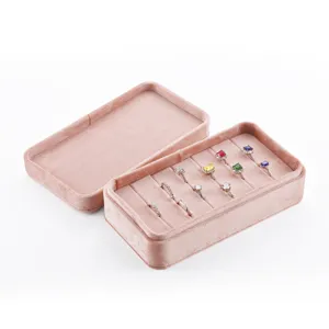 Pink velvet ring box jewelry storage display organizer with colorful gemstone rings