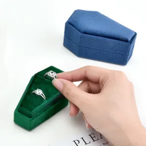Velvet Halloween coffin ring box for jewelry storage, unique Gothic ring display case.