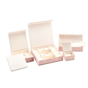 Pink velvet jewelry box set multi-functional storage case for rings earrings necklaces.