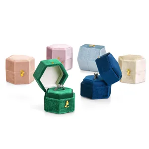 Luxury Velvet Hexagon Ring Box Jewelry Storage Case With Metal Clasp For Proposal Engagement Wedding Ring Display Organizer