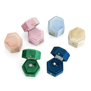 Hexagonal velvet ring box for engagement proposal wedding jewelry storage multi color