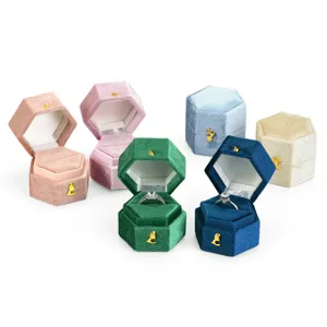 Hexagon velvet ring box for engagement and proposal, luxury jewelry gift box storage.