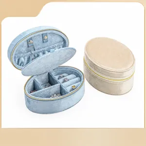 Portable Velvet Jewelry Box Travel Ring Storage Organizer Zipper Oval Small Jewelry Case Holder For Women Girls Gift