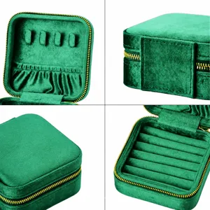 Portatile scatola per gioielli in velluto quadrata, custodia verde per anelli con cerniera.